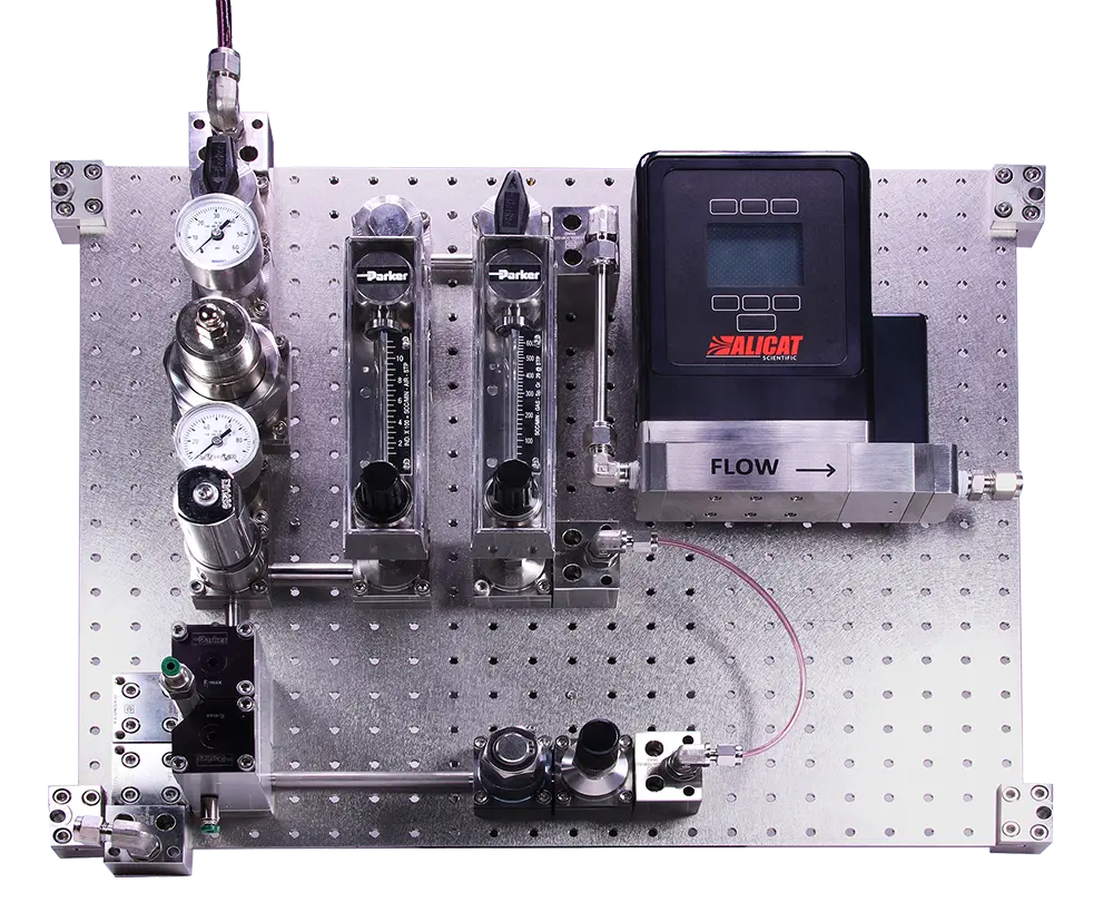 An intrinsically safe flow controller with valves and gauges typical of a sampling system for oil and gas analysis.